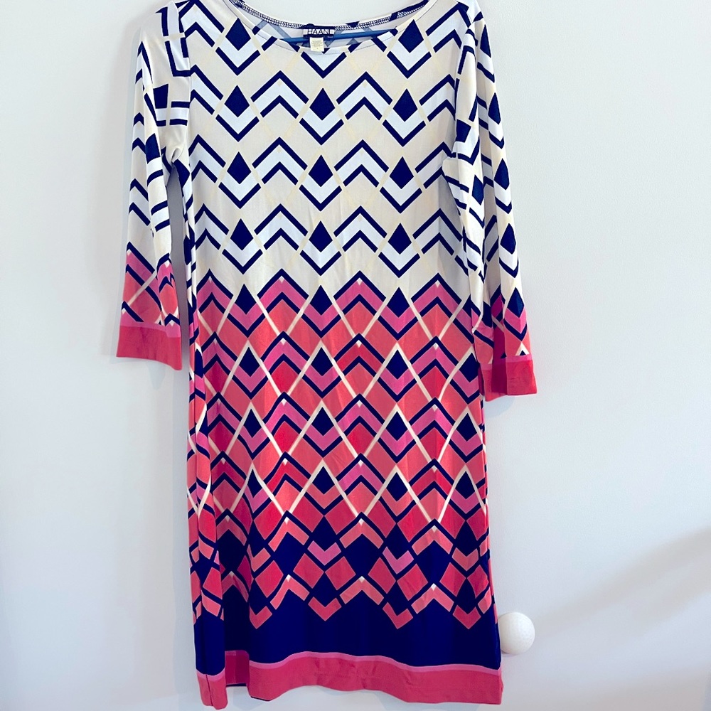 Pink, white and blue patterned dress.